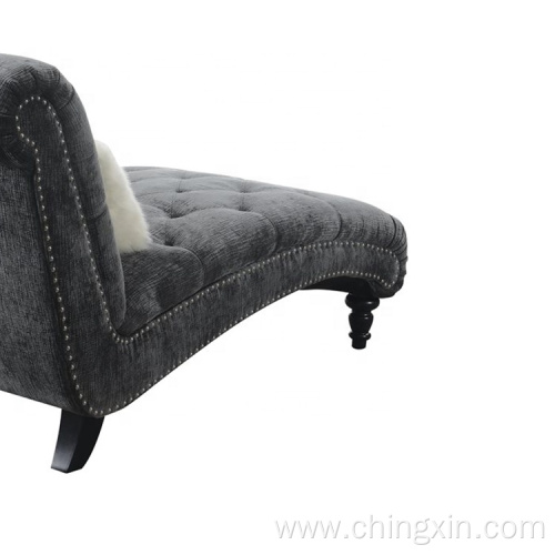 Dark Grey Fabric Button Tufting Sofa Chaise with Solid Wood Legs